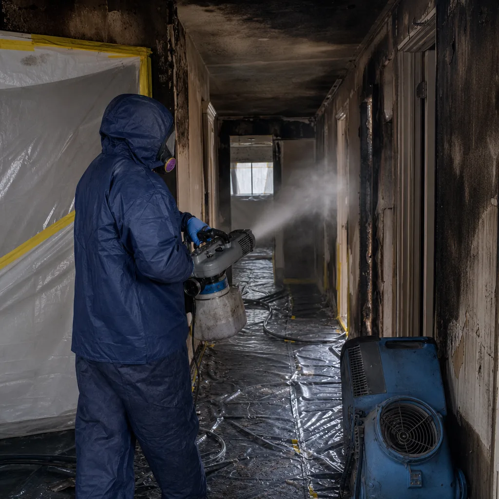 Technician in protective suit using restoration equipment for fire damage cleaning