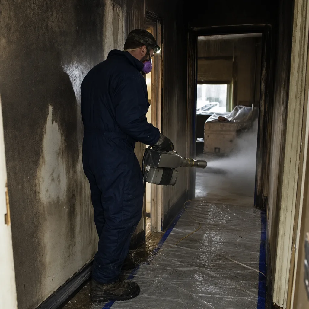 Technician using fogging equipment for professional fire damage restoration.