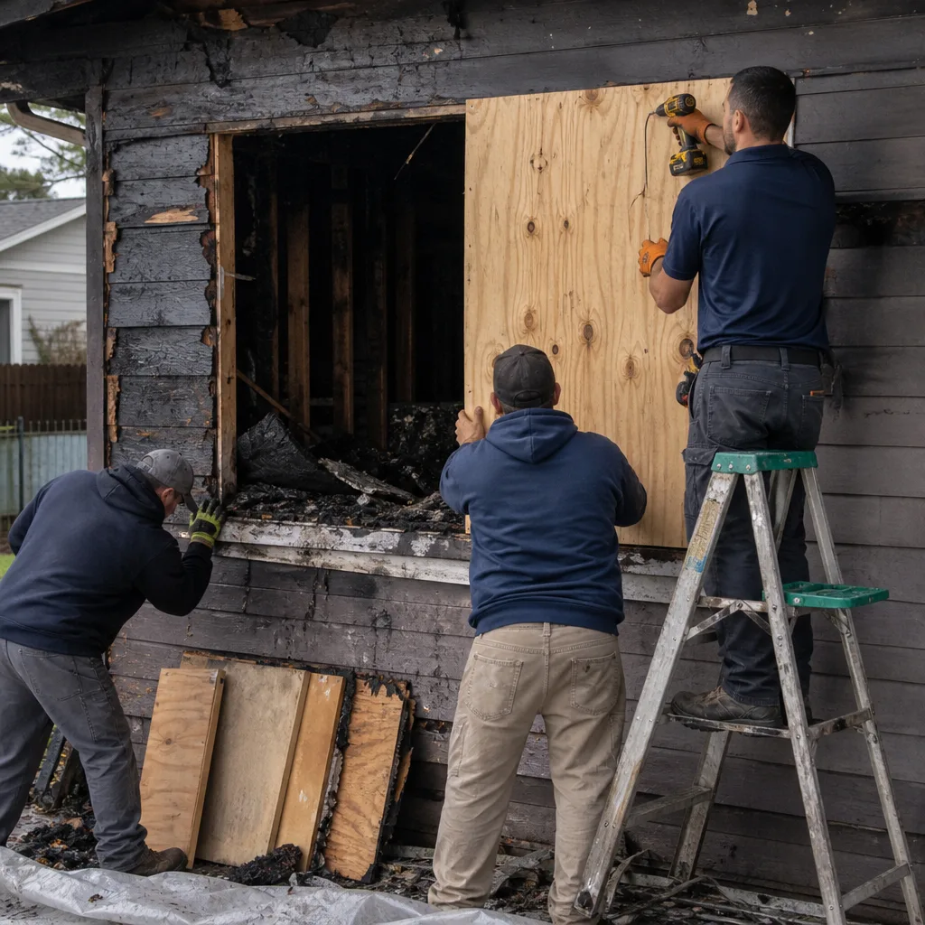 Team performing fire damage restoration by boarding up a burned home window.