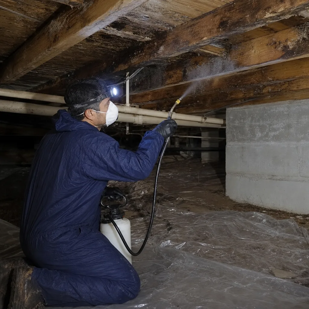 Technician in protective suit applying mold remediation treatment to crawl space joists.