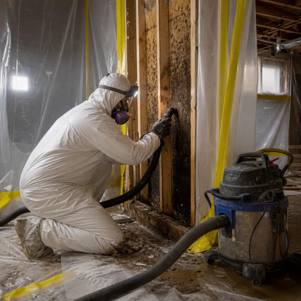 Technician in protective gear performing professional mold remediation on a wall