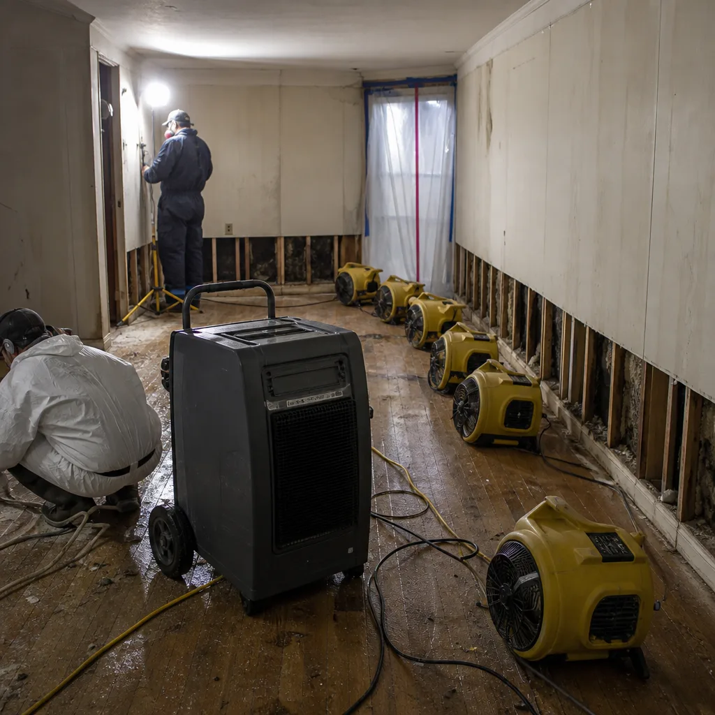 Water damage restoration specialists using industrial drying equipment in a residential room